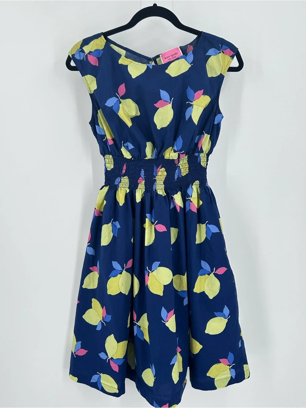 Kate Spade Lemon Zest Blaire Fit & Flare Dress Navy Blue Fruit Print Size 8